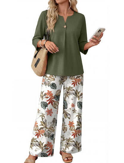 Two Piece Sets for Women 3/4 Length Sleeve Lounge Sets Summer Spring Vacation Travel Outfits Fashion Clothing