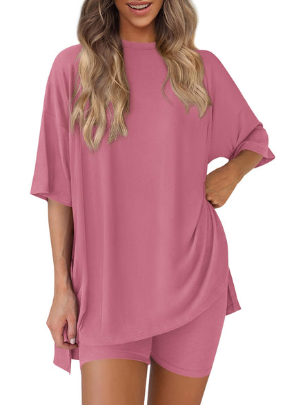 Women 2 Piece Lounge Set 2026 Summer Casual Oversized Shirts Biker Shorts Matching Airport Travel Outfit Clothes