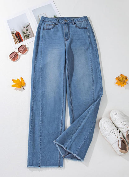 Sidefeel Women's Wide Leg Jeans High Waisted Stretchy Raw Hem Zimbaplatinum Denim Pants
