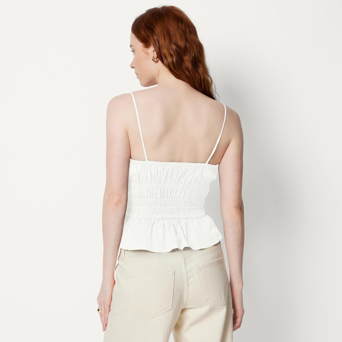 Amazon Essentials Women's Regular-Fit Smocked Cotton Stretch Poplin Tank