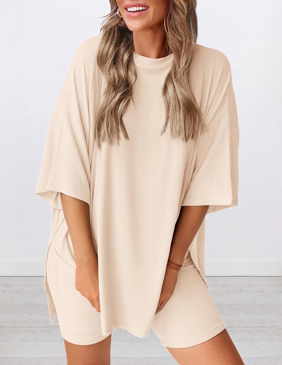 Women 2 Piece Lounge Set 2026 Summer Casual Oversized Shirts Biker Shorts Matching Airport Travel Outfit Clothes