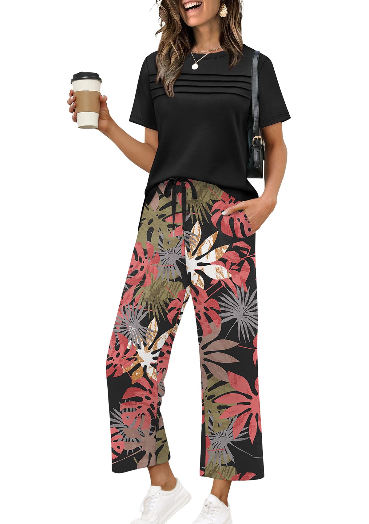 Two Piece Sets for Women Summer Spring Travel Vacation Outfits Short Sleeve Lounge Sets Side Slit Wide Leg Pants S-3XL