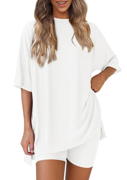 Women 2 Piece Lounge Set 2026 Summer Casual Oversized Shirts Biker Shorts Matching Airport Travel Outfit Clothes