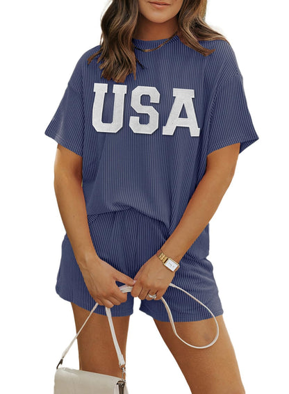 Women 2 Piece Shorts Set 2026 Casual Summer Cruise Outfits Ribbed Loose Short Sleeve Pocket Matching Lounge Sets