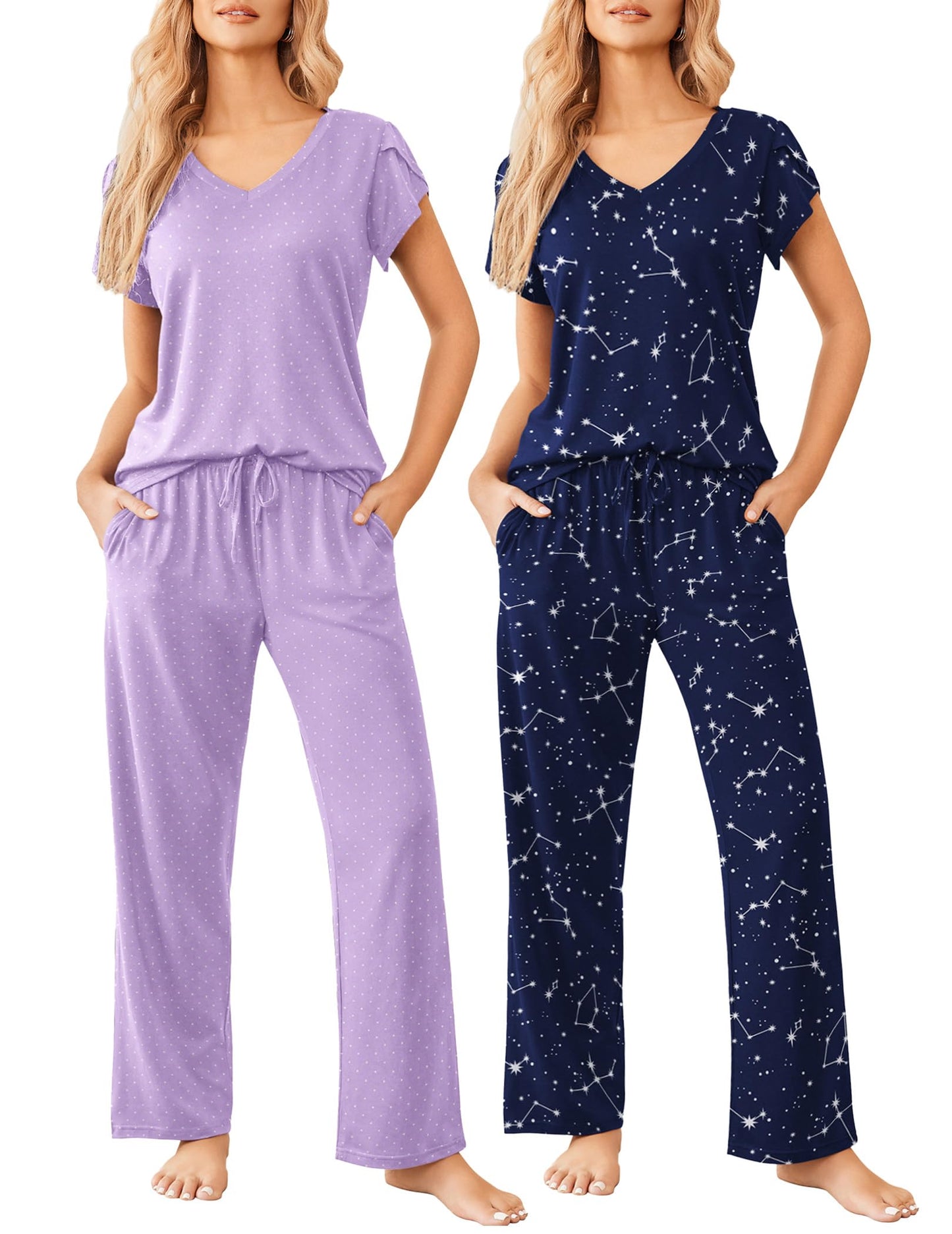 2 Pack Womens Pajamas Short Sleeve Sleepwear Top with Pants Super-Soft Printed Lounge Sets S-XXL