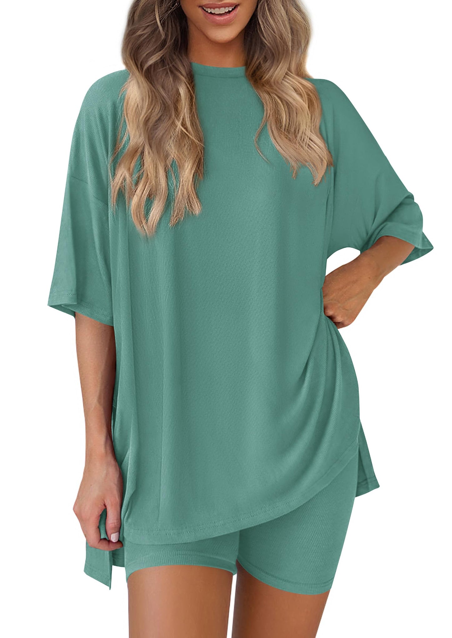 Women 2 Piece Lounge Set 2026 Summer Casual Oversized Shirts Biker Shorts Matching Airport Travel Outfit Clothes