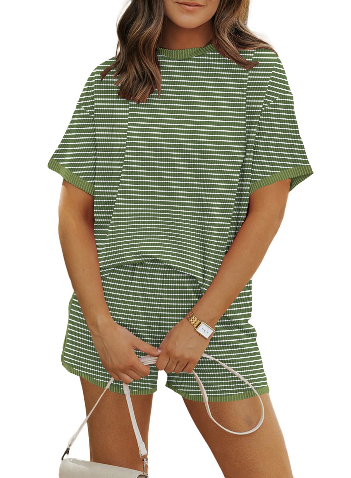 Women 2 Piece Shorts Set 2026 Casual Summer Cruise Outfits Ribbed Loose Short Sleeve Pocket Matching Lounge Sets