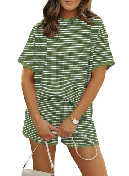 Women 2 Piece Shorts Set 2026 Casual Summer Cruise Outfits Ribbed Loose Short Sleeve Pocket Matching Lounge Sets