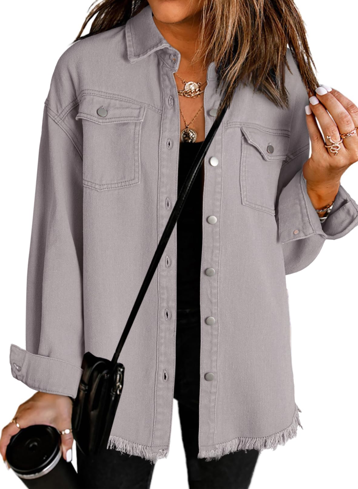 Women's Oversized Denim Jacket Casual Long Sleeve Denim Shirts Distresse Jean Jacket