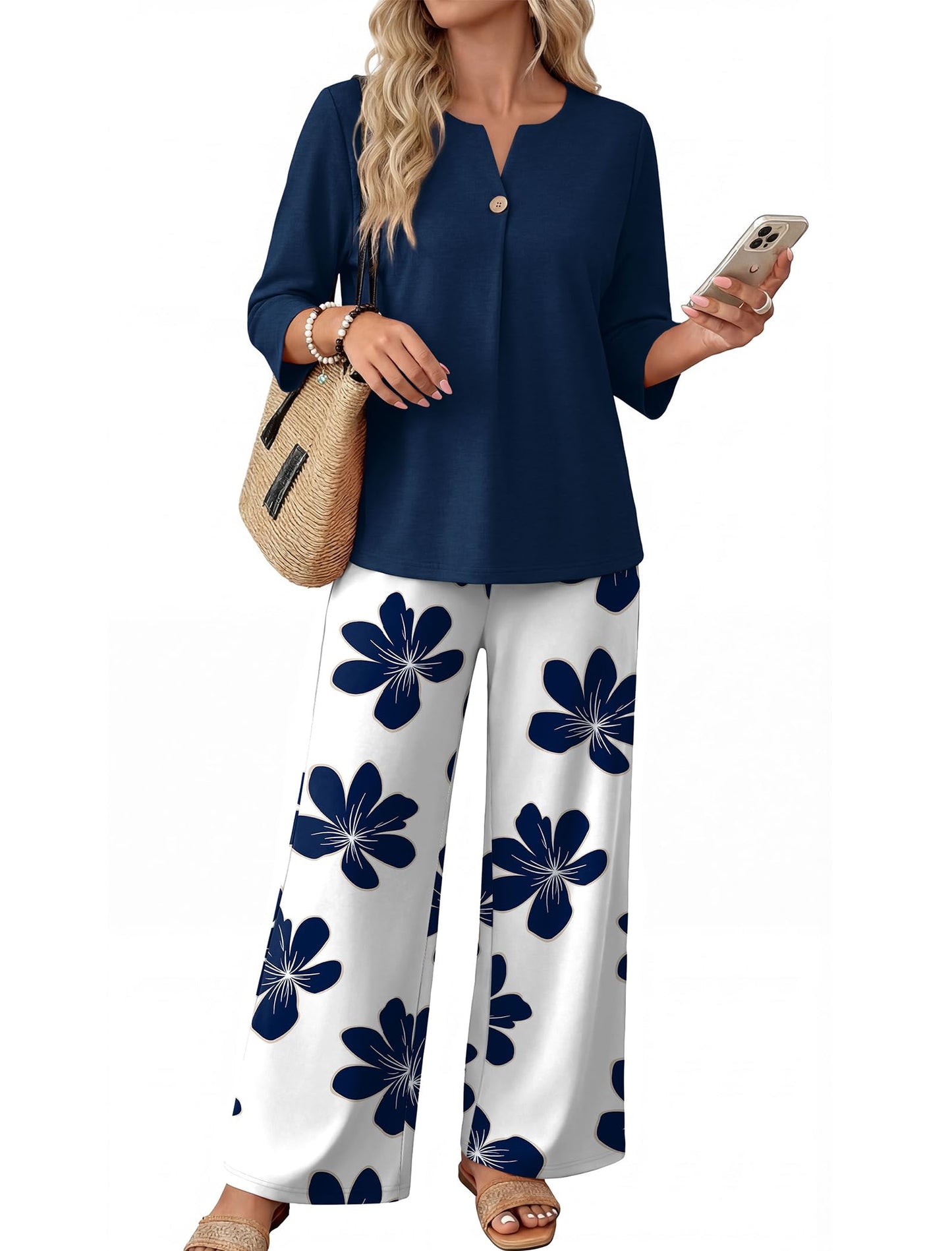 Two Piece Sets for Women 3/4 Length Sleeve Lounge Sets Summer Spring Vacation Travel Outfits Fashion Clothing
