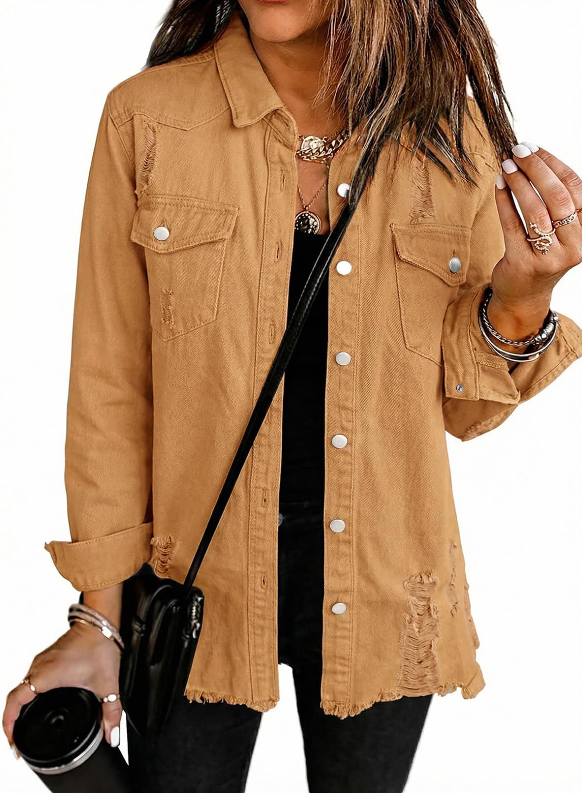 Women's Oversized Denim Jacket Casual Long Sleeve Denim Shirts Distresse Jean Jacket