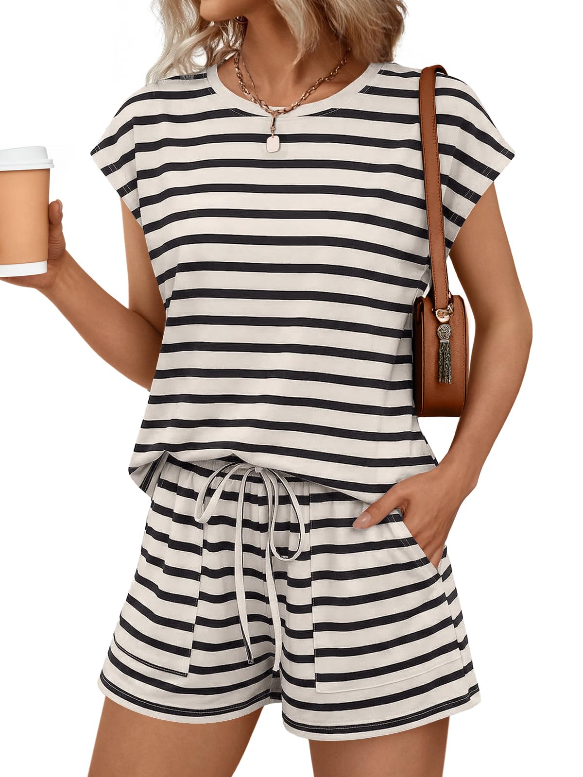 Womens Crew Neck Two Piece Short Sets Cap Sleeve Drawstring Summer Sweatsuit with Pocket
