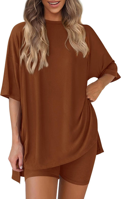 Women 2 Piece Lounge Set 2026 Summer Casual Oversized Shirts Biker Shorts Matching Airport Travel Outfit Clothes