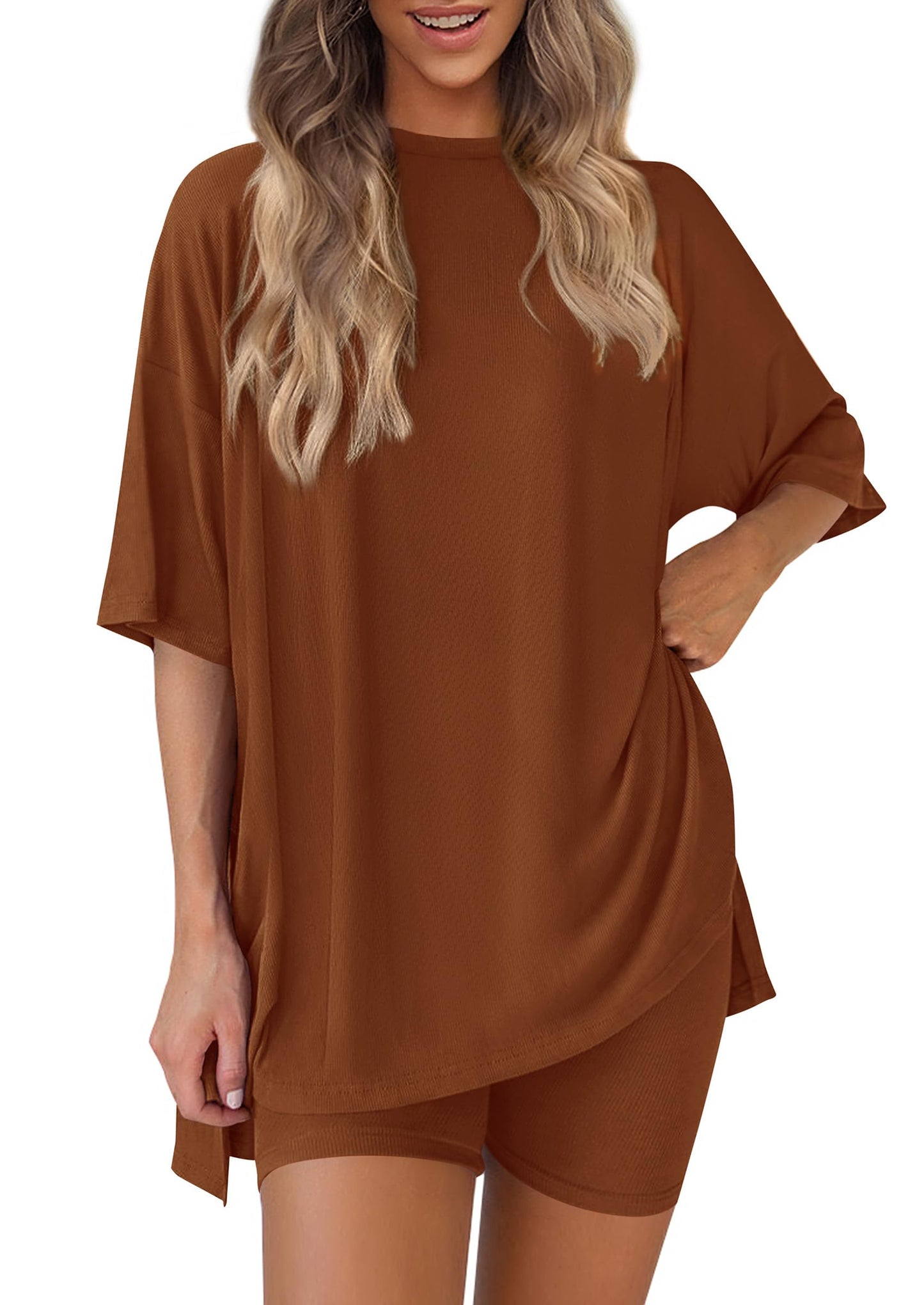 Women 2 Piece Lounge Set 2026 Summer Casual Oversized Shirts Biker Shorts Matching Airport Travel Outfit Clothes