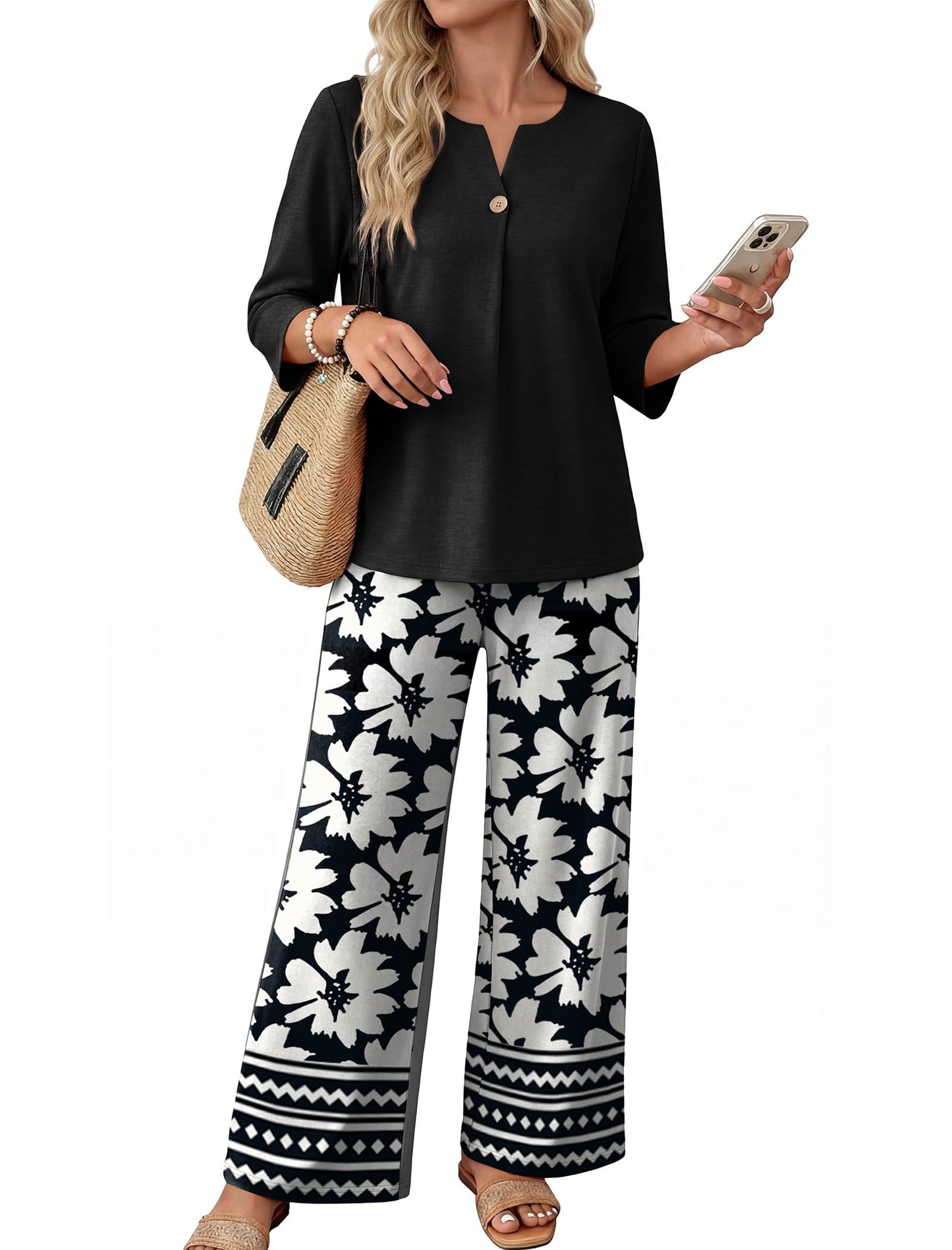 Two Piece Sets for Women 3/4 Length Sleeve Lounge Sets Summer Spring Vacation Travel Outfits Fashion Clothing