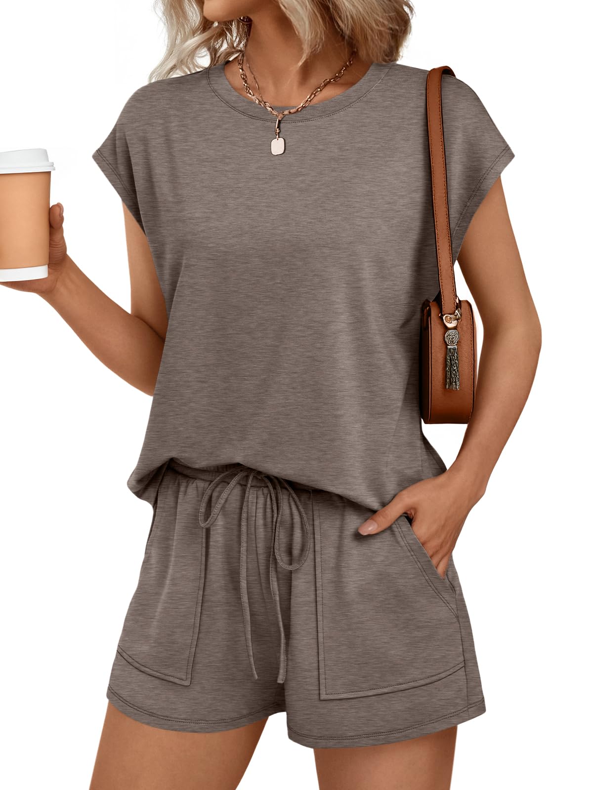 Womens Crew Neck Two Piece Short Sets Cap Sleeve Drawstring Summer Sweatsuit with Pocket