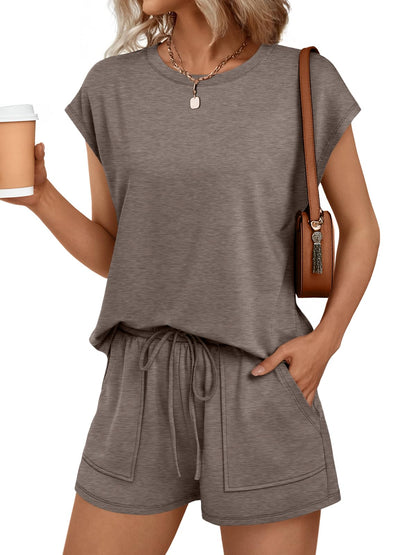 Womens Crew Neck Two Piece Short Sets Cap Sleeve Drawstring Summer Sweatsuit with Pocket