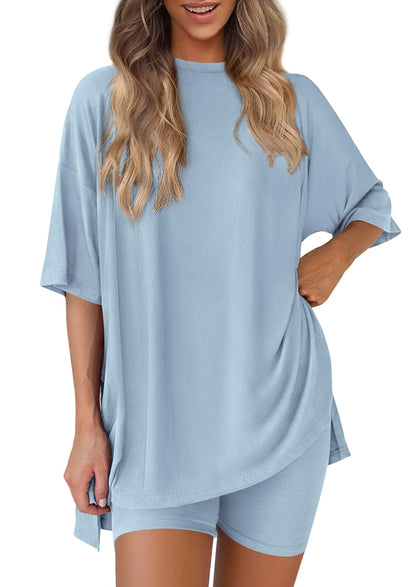 Women 2 Piece Lounge Set 2026 Summer Casual Oversized Shirts Biker Shorts Matching Airport Travel Outfit Clothes