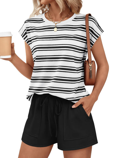 Womens Crew Neck Two Piece Short Sets Cap Sleeve Drawstring Summer Sweatsuit with Pocket