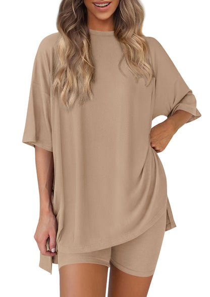 Women 2 Piece Lounge Set 2026 Summer Casual Oversized Shirts Biker Shorts Matching Airport Travel Outfit Clothes