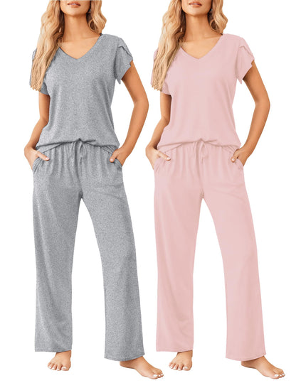 2 Pack Womens Pajamas Short Sleeve Sleepwear Top with Pants Super-Soft Printed Lounge Sets S-XXL