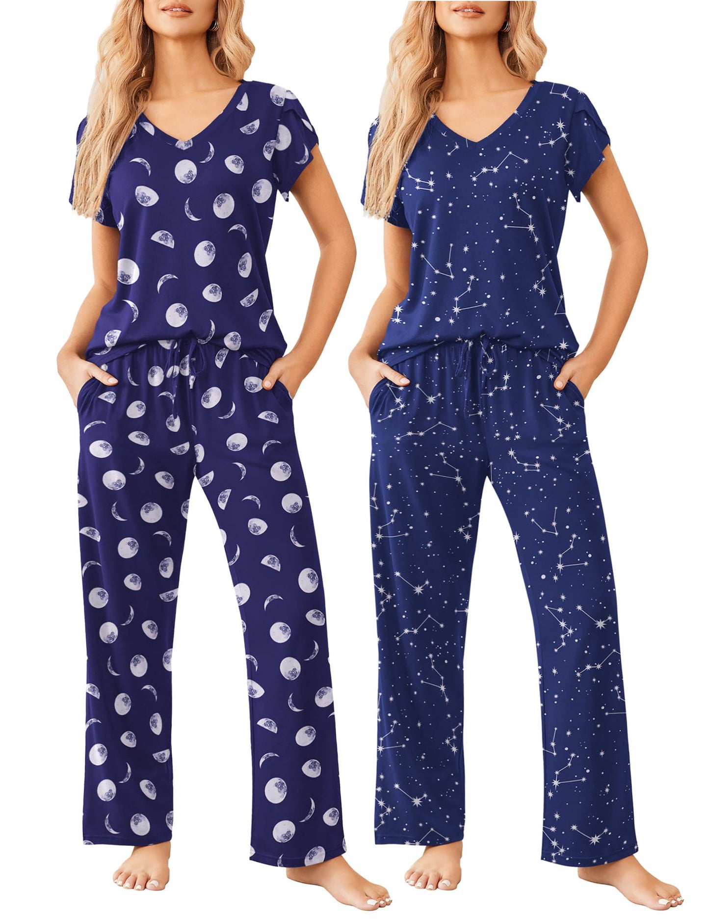 2 Pack Womens Pajamas Short Sleeve Sleepwear Top with Pants Super-Soft Printed Lounge Sets S-XXL