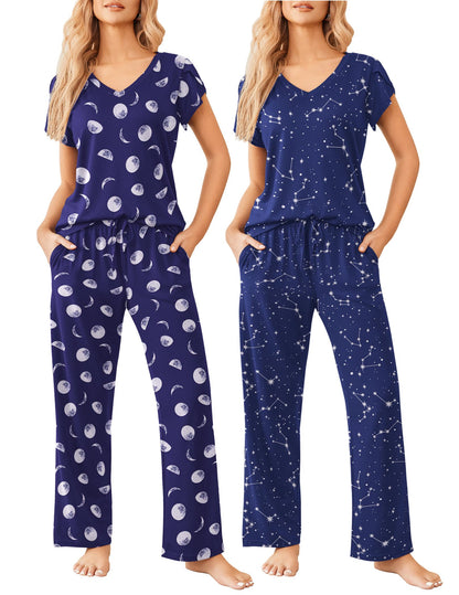 2 Pack Womens Pajamas Short Sleeve Sleepwear Top with Pants Super-Soft Printed Lounge Sets S-XXL