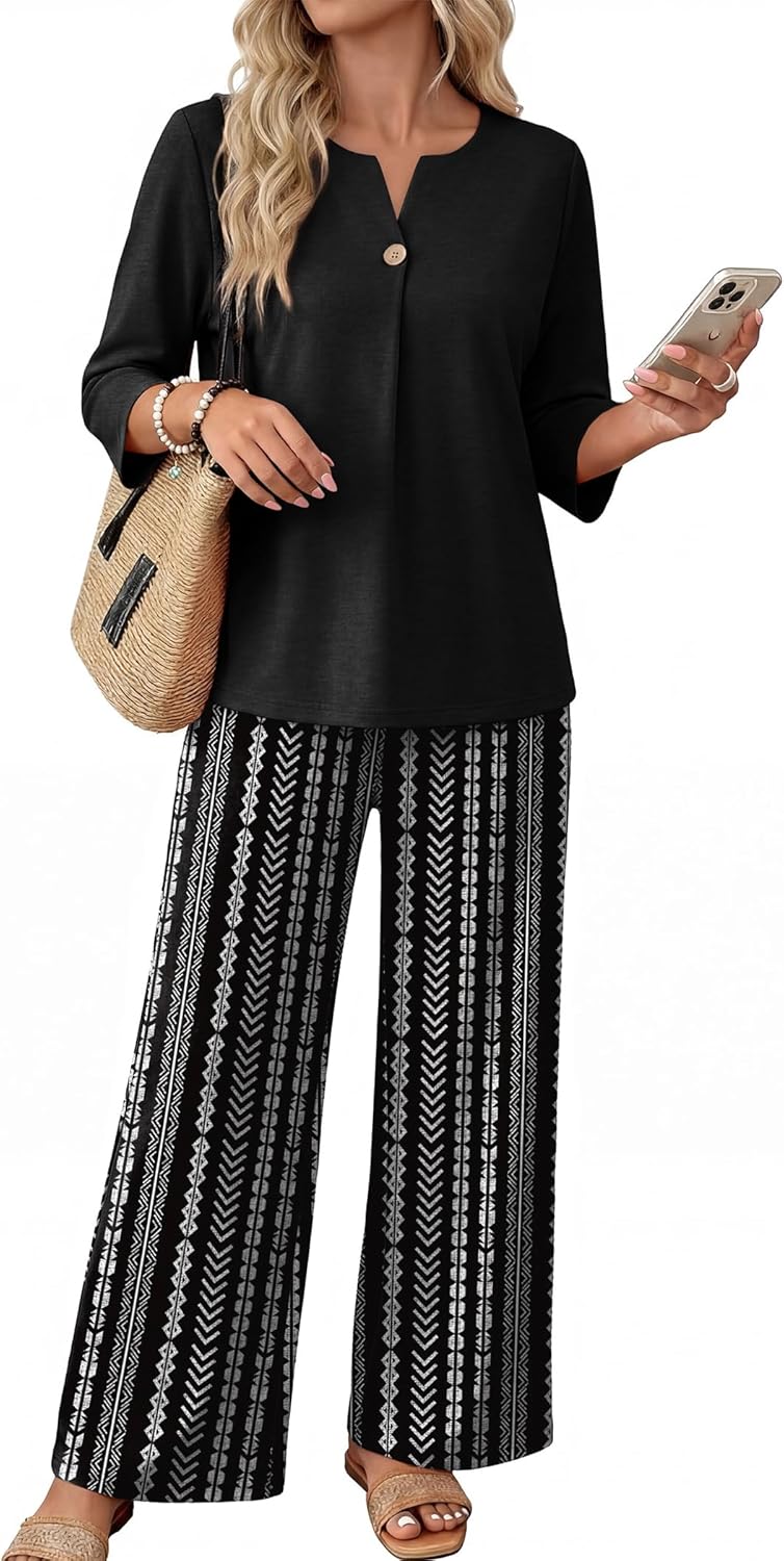 Two Piece Sets for Women 3/4 Length Sleeve Lounge Sets Summer Spring Vacation Travel Outfits Fashion Clothing