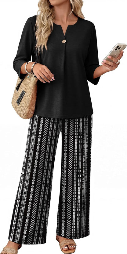 Two Piece Sets for Women 3/4 Length Sleeve Lounge Sets Summer Spring Vacation Travel Outfits Fashion Clothing