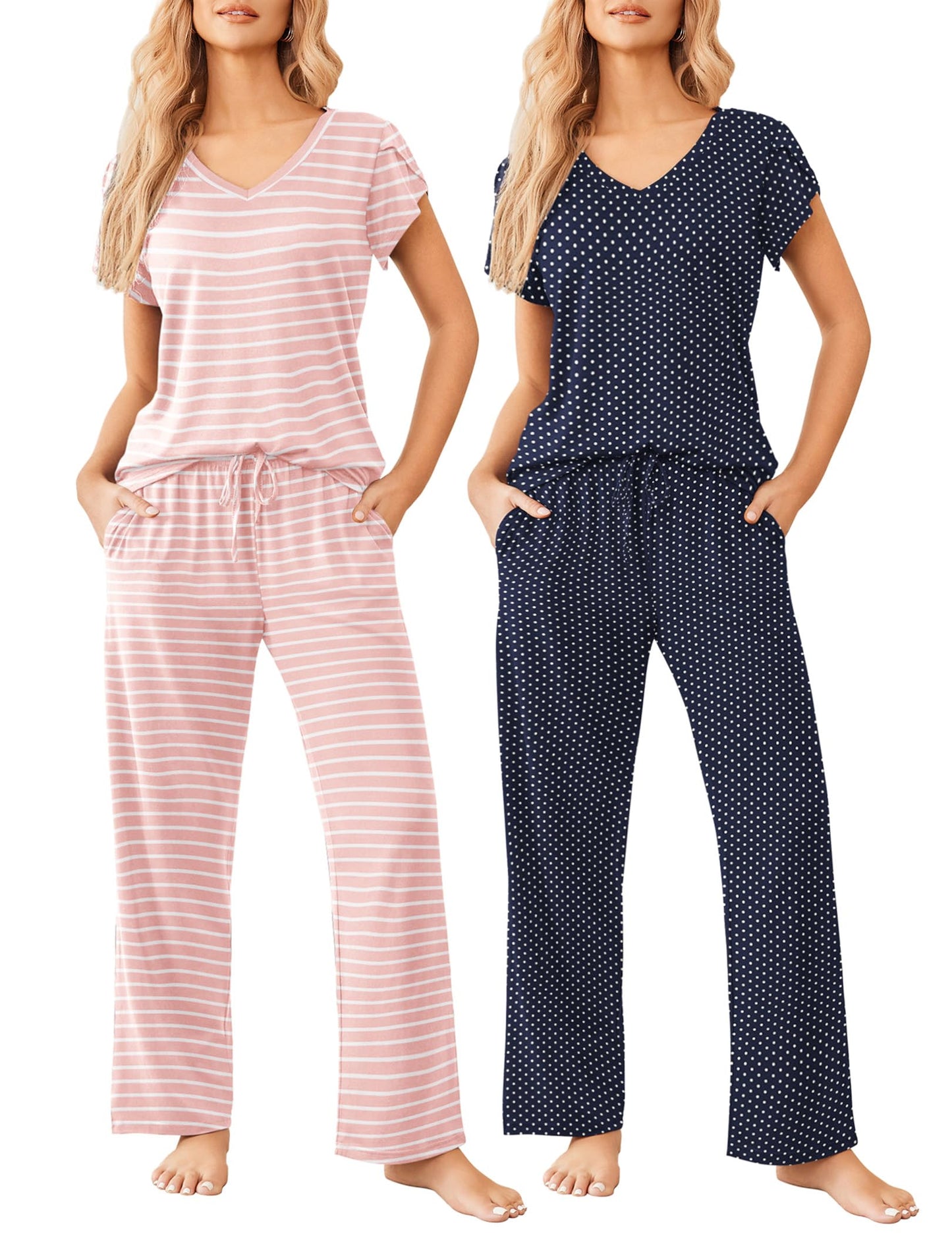 2 Pack Womens Pajamas Short Sleeve Sleepwear Top with Pants Super-Soft Printed Lounge Sets S-XXL