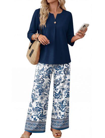 Two Piece Sets for Women 3/4 Length Sleeve Lounge Sets Summer Spring Vacation Travel Outfits Fashion Clothing