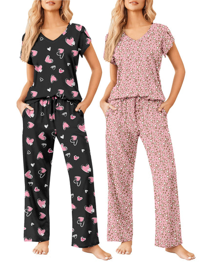 2 Pack Womens Pajamas Short Sleeve Sleepwear Top with Pants Super-Soft Printed Lounge Sets S-XXL