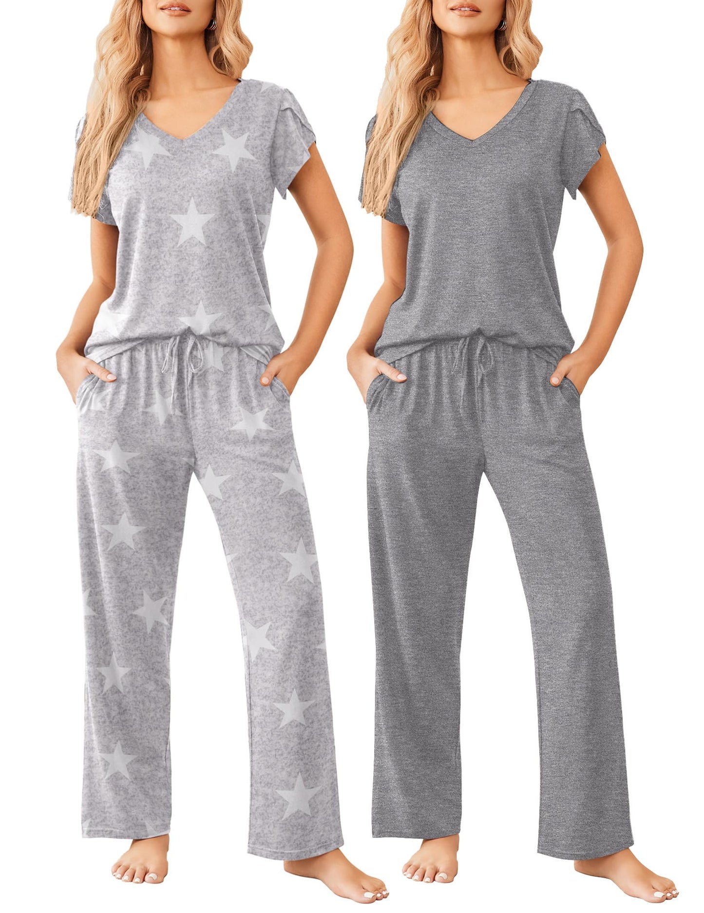 2 Pack Womens Pajamas Short Sleeve Sleepwear Top with Pants Super-Soft Printed Lounge Sets S-XXL