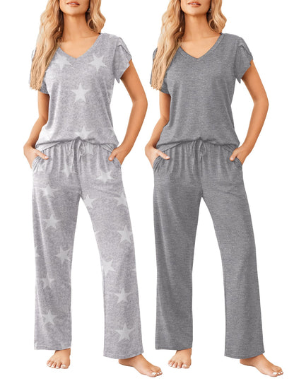 2 Pack Womens Pajamas Short Sleeve Sleepwear Top with Pants Super-Soft Printed Lounge Sets S-XXL