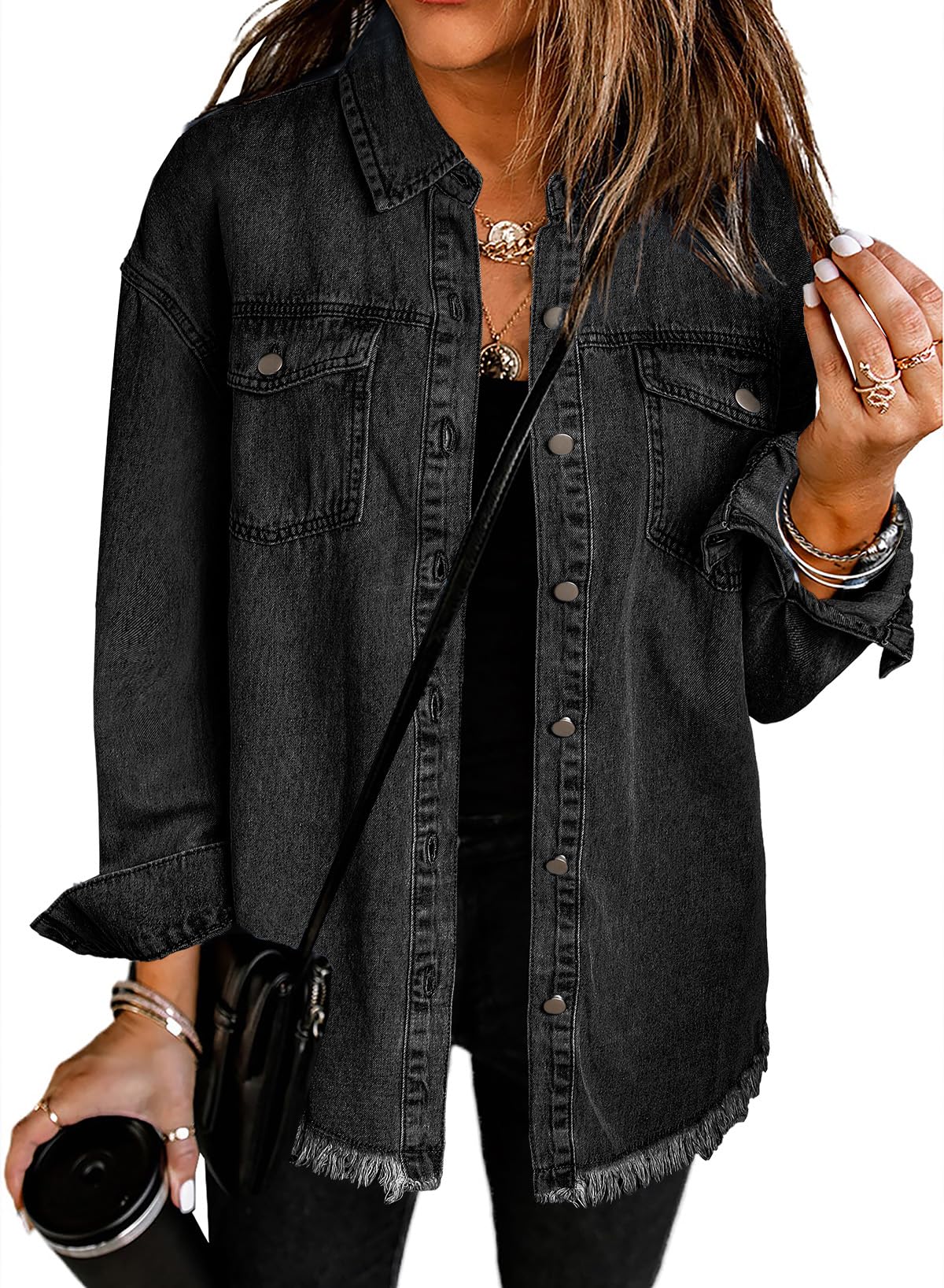 Women's Oversized Denim Jacket Casual Long Sleeve Denim Shirts Distresse Jean Jacket