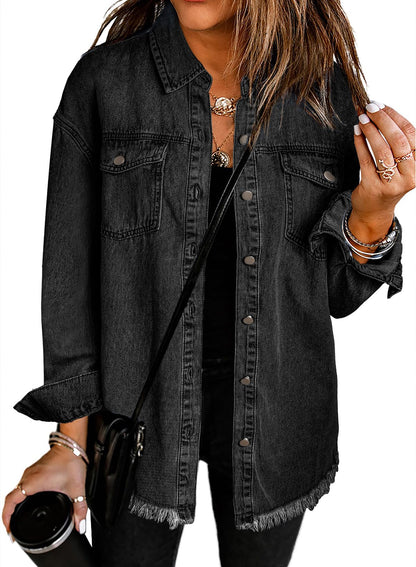 Women's Oversized Denim Jacket Casual Long Sleeve Denim Shirts Distresse Jean Jacket