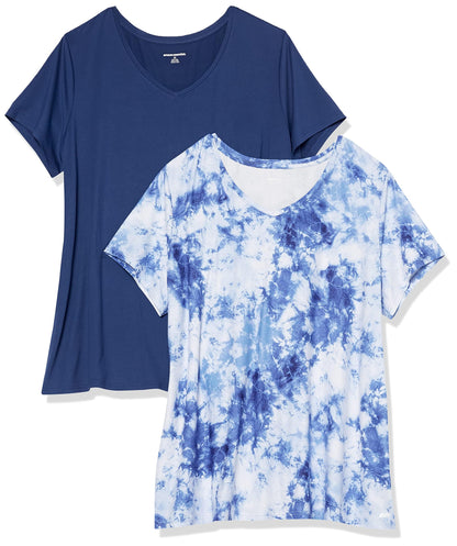 Amazon Essentials Women's Active Quick Dry Tech Stretch Short-Sleeve V-Neck T-Shirt (Available in Plus Size), Pack of 2