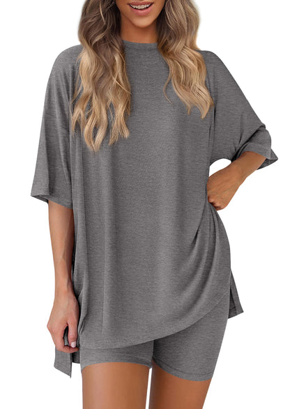 Women 2 Piece Lounge Set 2026 Summer Casual Oversized Shirts Biker Shorts Matching Airport Travel Outfit Clothes