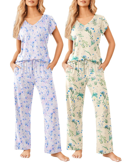 2 Pack Womens Pajamas Short Sleeve Sleepwear Top with Pants Super-Soft Printed Lounge Sets S-XXL