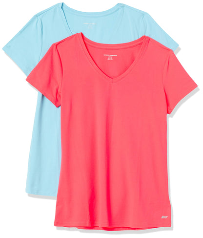 Amazon Essentials Women's Active Quick Dry Tech Stretch Short-Sleeve V-Neck T-Shirt (Available in Plus Size), Pack of 2