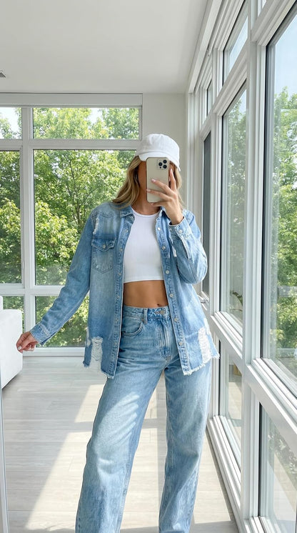 Women's Oversized Denim Jacket Casual Long Sleeve Denim Shirts Distresse Jean Jacket