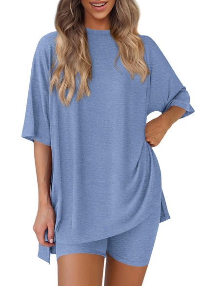 Women 2 Piece Lounge Set 2026 Summer Casual Oversized Shirts Biker Shorts Matching Airport Travel Outfit Clothes