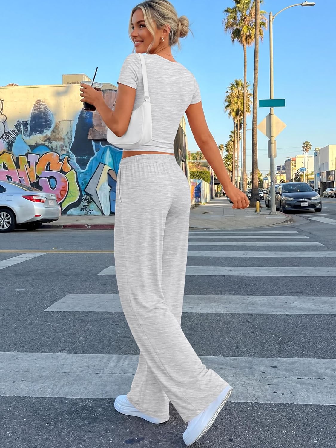 2 Piece Matching Summer Lounge Set Womens Side Ruching Top Wide Leg Pants Sets with Pockets