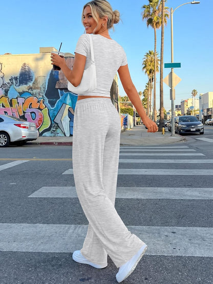 2 Piece Matching Summer Lounge Set Womens Side Ruching Top Wide Leg Pants Sets with Pockets