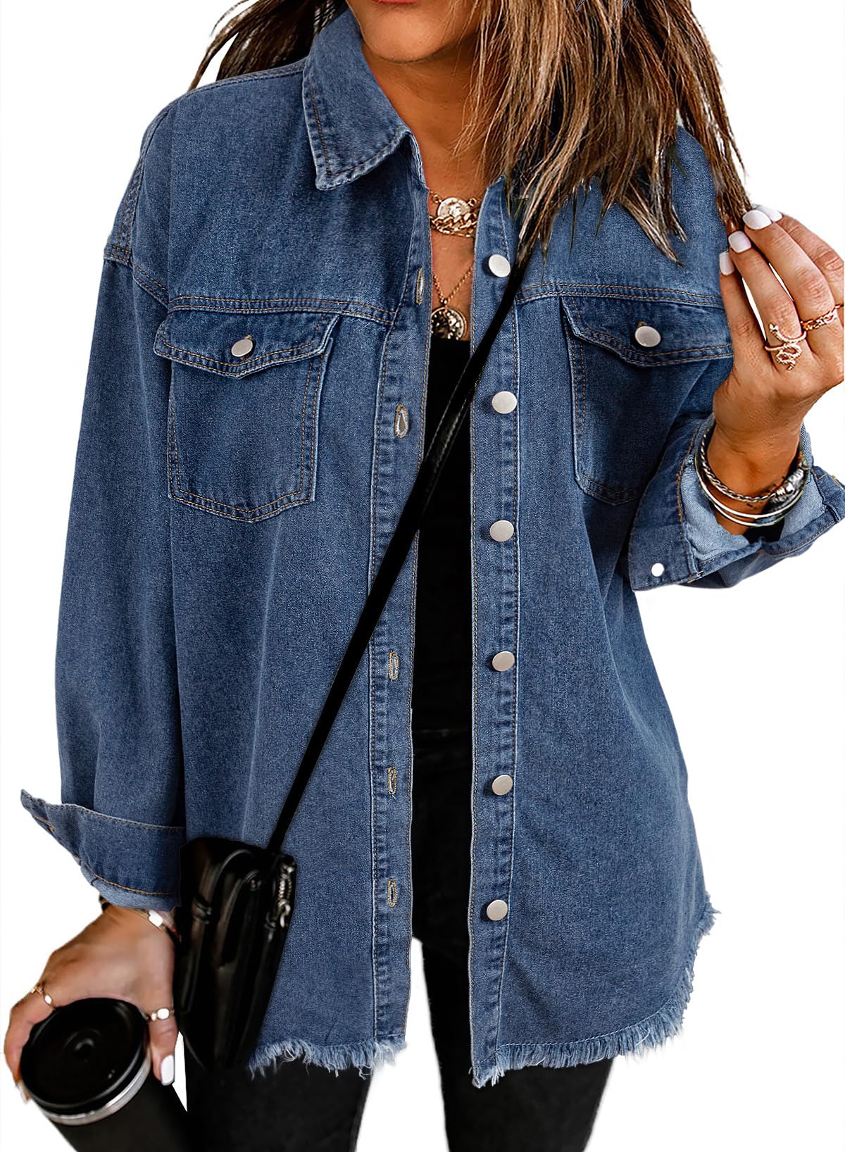 Women's Oversized Denim Jacket Casual Long Sleeve Denim Shirts Distresse Jean Jacket