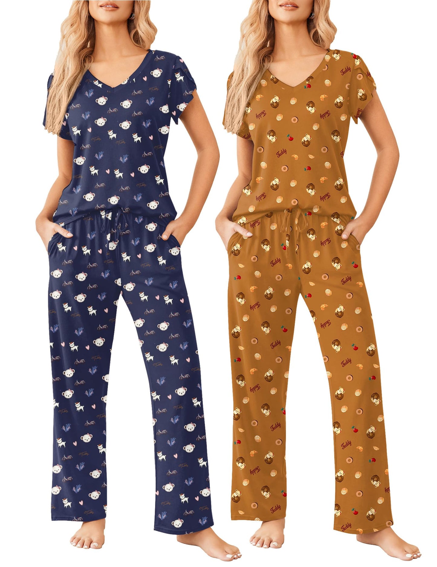 2 Pack Womens Pajamas Short Sleeve Sleepwear Top with Pants Super-Soft Printed Lounge Sets S-XXL