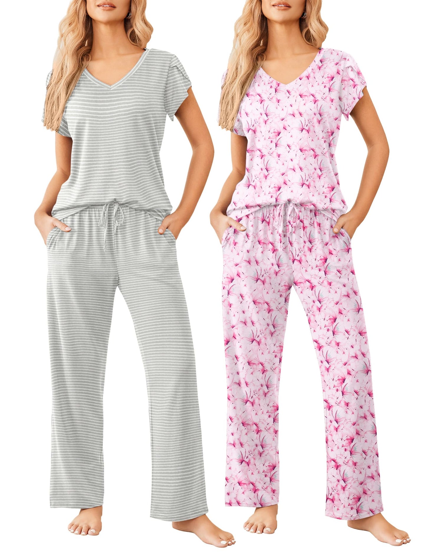 2 Pack Womens Pajamas Short Sleeve Sleepwear Top with Pants Super-Soft Printed Lounge Sets S-XXL