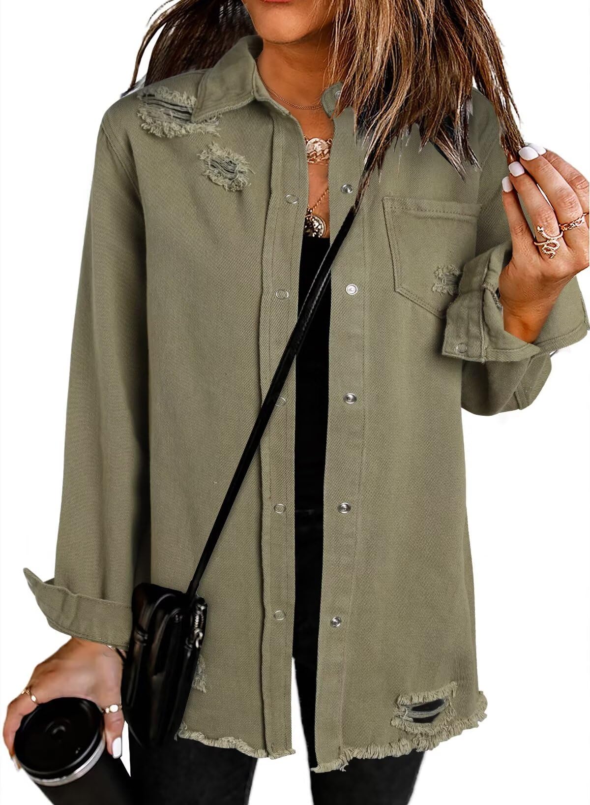 Women's Oversized Denim Jacket Casual Long Sleeve Denim Shirts Distresse Jean Jacket