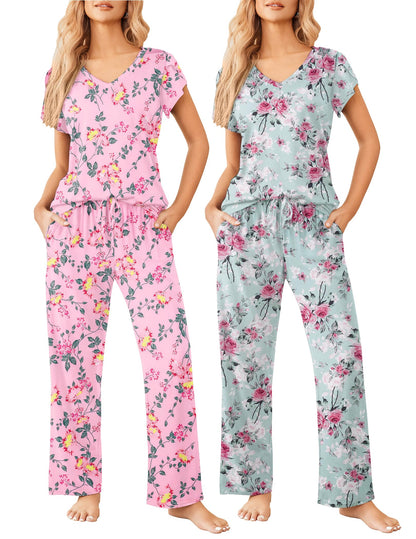 2 Pack Womens Pajamas Short Sleeve Sleepwear Top with Pants Super-Soft Printed Lounge Sets S-XXL