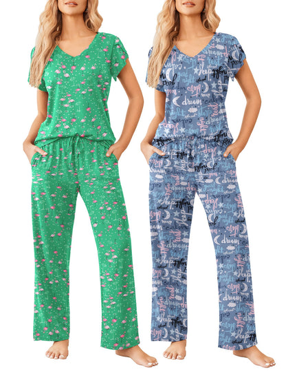 2 Pack Womens Pajamas Short Sleeve Sleepwear Top with Pants Super-Soft Printed Lounge Sets S-XXL